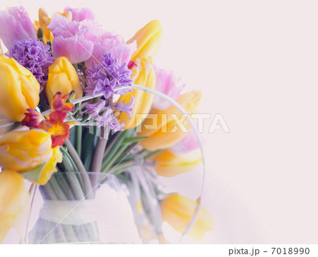 Greeting Card. Bouquet of Colorful Mixed Flowers - Tulips in a Vase. Floristics Greeting Card. Bouquet of Colorful Mixed Flowers - Tulips in a Vase. Floristics 7018990
