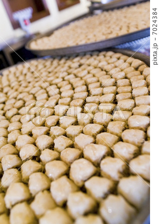 Trays of Baklava Pastries on Display In An Arabic Restaurant 7024384