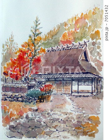 秋 紅葉 日本の家 民家 故郷 ふるさと レトロ 紅葉のイラスト素材