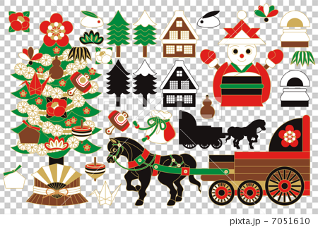 和風 クリスマスツリー 雪だるまサンタクロース 馬車 巾着袋 樅ノ木 日本家屋 縁起物 冬のイラストのイラスト素材