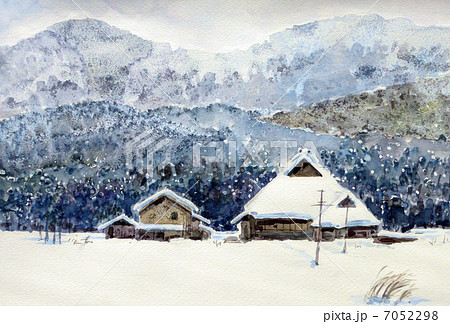 茅葺き民家の冬景色の水彩画のイラスト素材