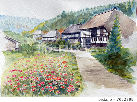 茅葺き民家集落のスケッチ画 7052299