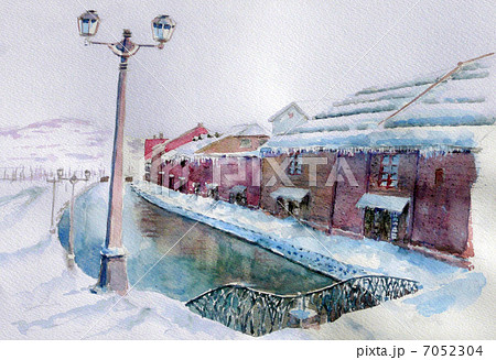 油絵　100号　『小樽名残りの雪』 雪の小樽運河 スケッチ画のイラスト素材 [7052304] - PIXTA