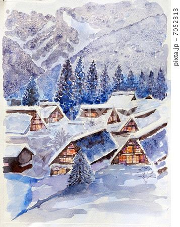 冬の五箇山 白川郷の水彩画のイラスト素材