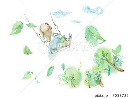 ブランコと女の子 色鉛筆のイラスト素材