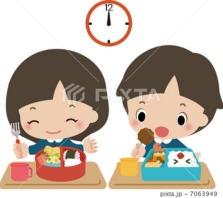 お弁当を食べる小さな男の子と女の子のイラスト素材