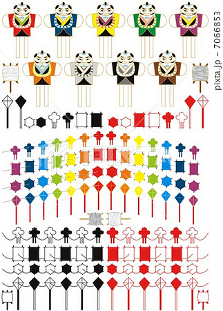 お正月凧揚げ 虹色７色連凧 和凧 六角凧 菱凧 奴凧 和風アイコンイラスト素材集のイラスト素材