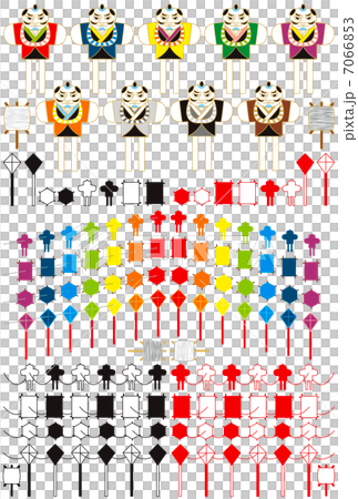 お正月凧揚げ 虹色７色連凧 和凧 六角凧 菱凧 奴凧 和風アイコンイラスト素材集のイラスト素材