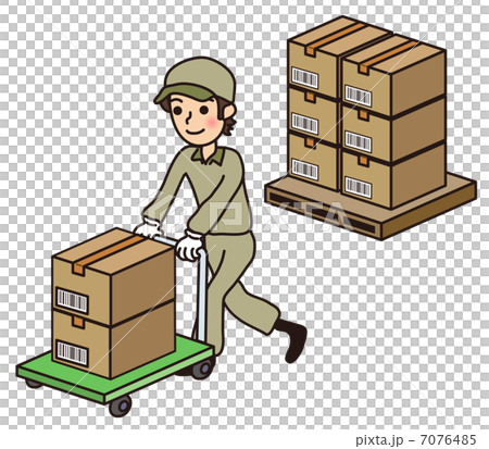 台車でダンボール箱を運搬する男性のイラスト素材