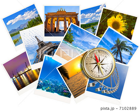Traveling photos collage with gold compass isolated on white 7102889