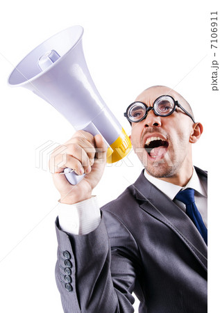 Funny man with loudspeaker on white 7106911