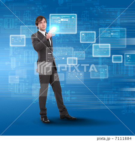 young man touches a virtual surface 7111884
