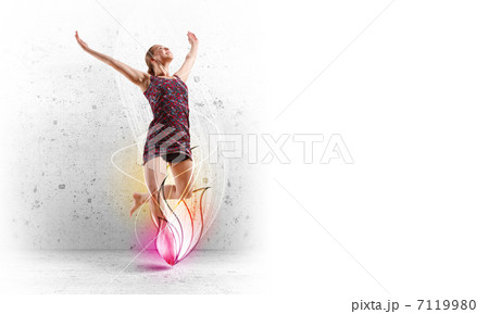 Girl in color dress dancing.Collage 7119980