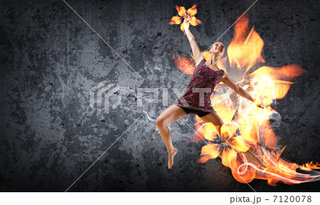 Girl in color dress dancing.Collage 7120078