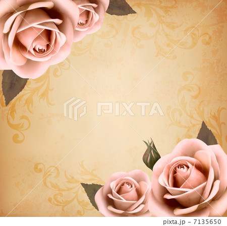 Retro background with beautiful pink roses with buds. Vector ill 7135650