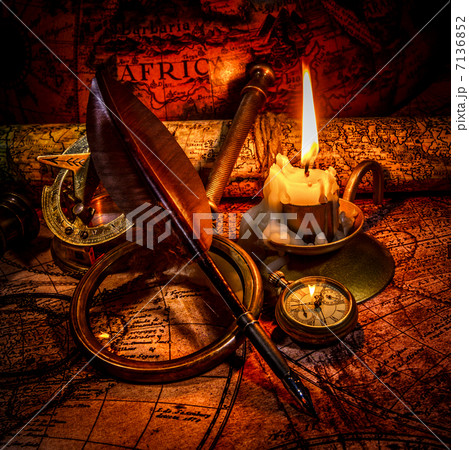 Vintage still life. Vintage items on ancient map. 7136852