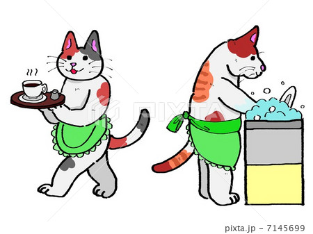 コーヒーを運ぶ猫 お皿を洗う猫のイラスト素材