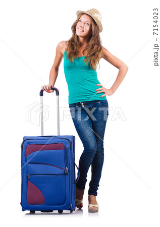 young girl with suitcase on white 7154023