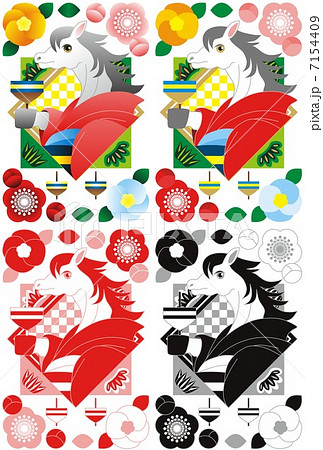 2014年午年年賀状用イラスト素材（馬と和服と独楽）デジタル４点セット 7154409