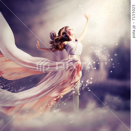 Beautiful Girl Wearing Long Chiffon Dress. Fantasy Scene 7155025