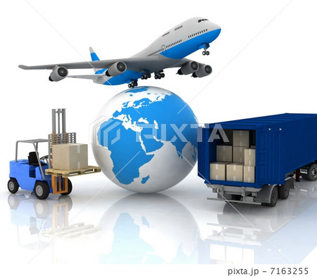 airliner with a globe and autoloader with boxes airliner with a globe and autoloader with boxes 7163255