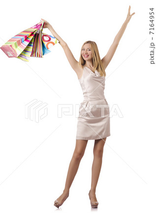 Tall girl after good shopping on white 7164954
