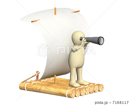 Puppet with spyglass on wooden raft 7168117