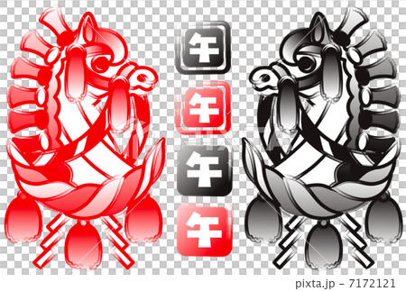 2014年午年年賀状用イラスト素材（手描き筆絵墨絵風飾り馬と注連縄）朱墨黒墨 7172121