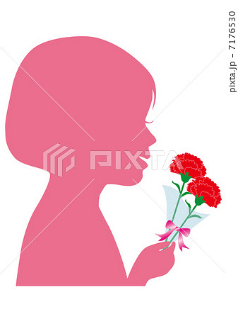 カーネーションの花束を持つ女の子のシルエットのイラスト素材