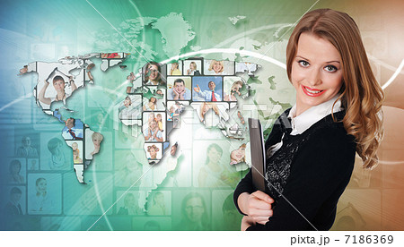 Young woman against world map background 7186369