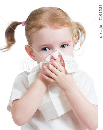 kid cleaning nose with tissue isolated on white 7191585