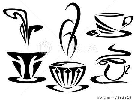 art nouveau style cups set - black and white vector outline collection 7232313