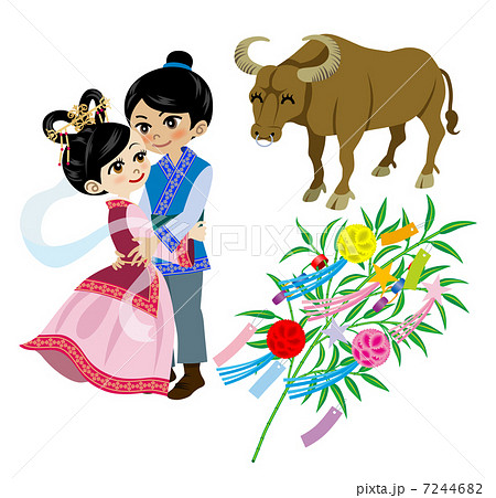 織姫と彦星 笹飾り 水牛 白バックのイラスト素材