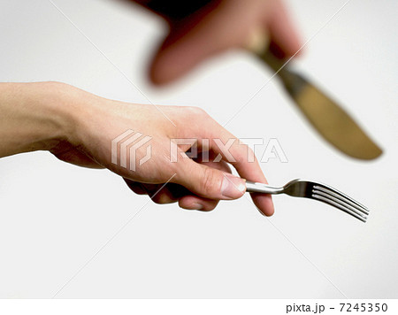 フォークとナイフを持つ手の写真素材