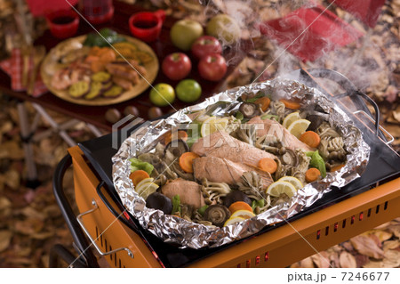 鮭のホイル焼きをバーベキューコンロで焼く 鮭のホイル焼きをバーベキューコンロで焼く 7246677