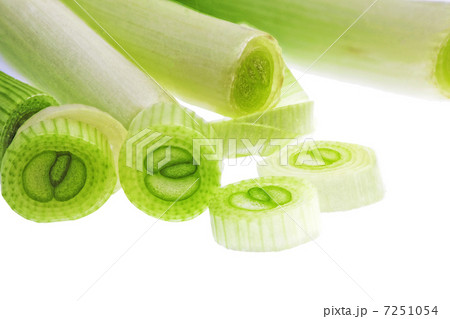 Cutting young onion on white background. Close-Up. Isolated. 7251054