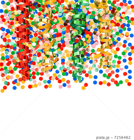 colorful confetti with shiny streamer over white colorful confetti with shiny streamer over white 7256462
