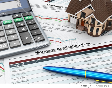 Mortgage application form with a calculator and house. 7266191