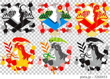 2014年午年年賀状用イラスト素材（和風イラスト扇と馬・破魔矢と馬と鶯）２×３点セット 7268453