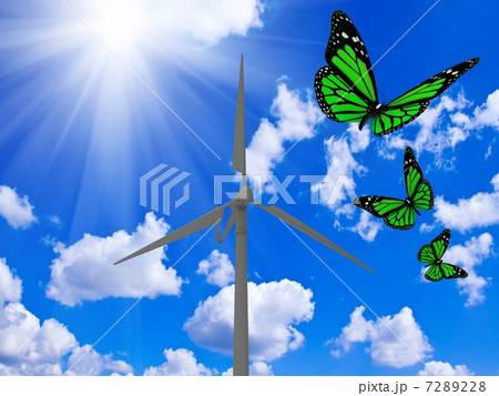 Rotating wind turbine and green butterflies 7289228