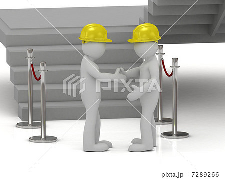 Two 3d man in yellow construction helmets shaking hands 7289266