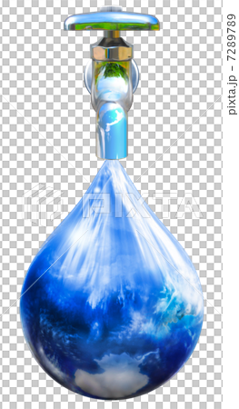 Water supply faucet Earth droplet falls on the faucet Green white back 7289789