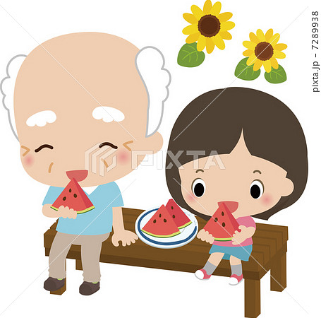 スイカを食べるおじいさんと女の子のイラスト素材