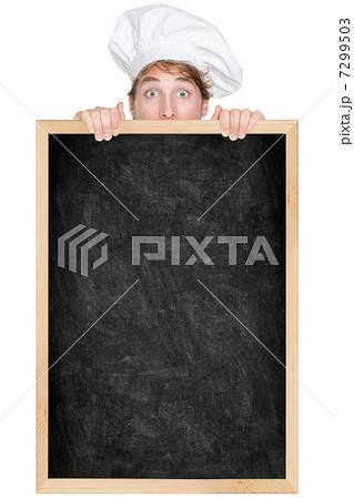 Funny chef showing blackboard menu sign Funny chef showing blackboard menu sign 7299503
