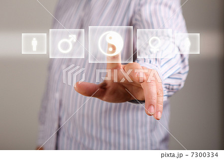 Hand touching screen with buttons on it Hand touching screen with buttons on it 7300334