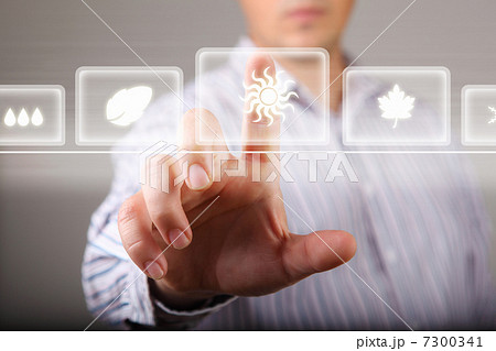 Hand touching screen with buttons on it Hand touching screen with buttons on it 7300341