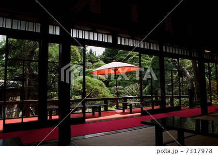 野点傘 日本間 日本家屋 座敷 緋毛氈 廊下 縁側 和室の写真素材