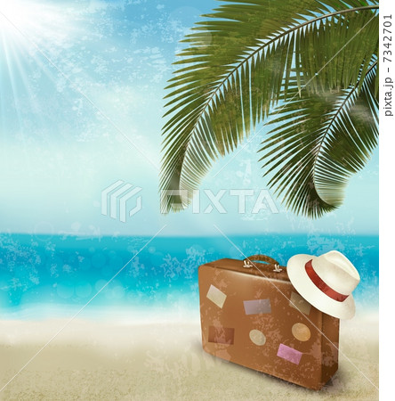 Vintage beautiful seaside background with suitcase and a hat. Ve Vintage beautiful seaside background with suitcase and a hat. Ve 7342701