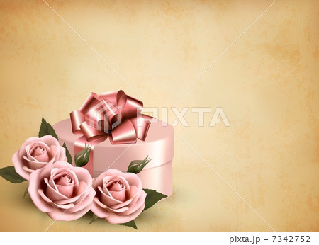Holiday retro background with pink roses and gift box. Vector il Holiday retro background with pink roses and gift box. Vector il 7342752