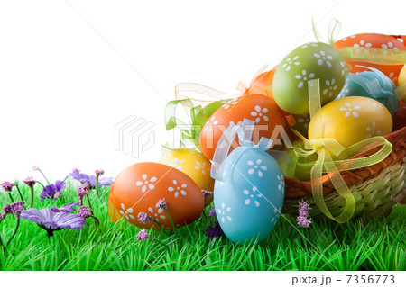 color easter eggs in basket isolated on white 7356773